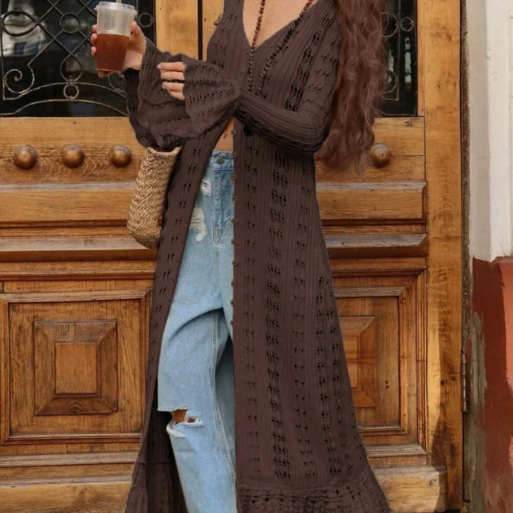 Brown Casual Women's Long Sleeve Button Elegant Crochet caridgan